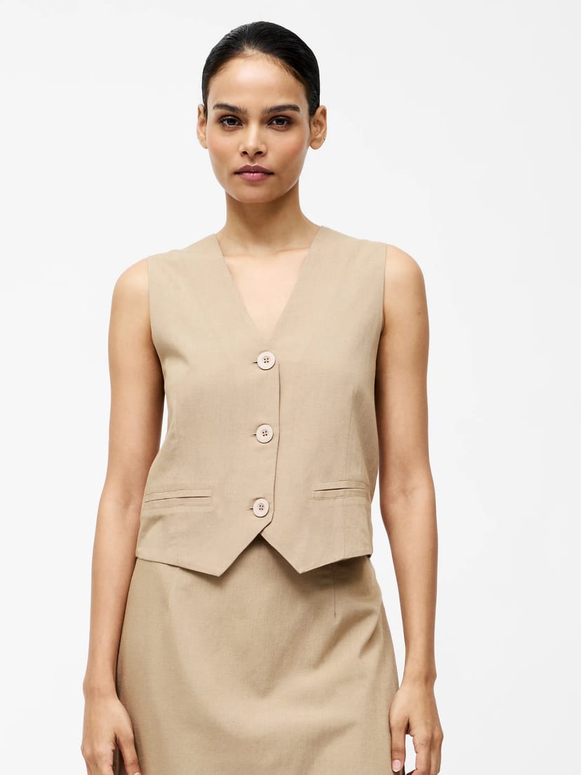 French Connection Linen Single Breasted Waistcoat Incense - 1