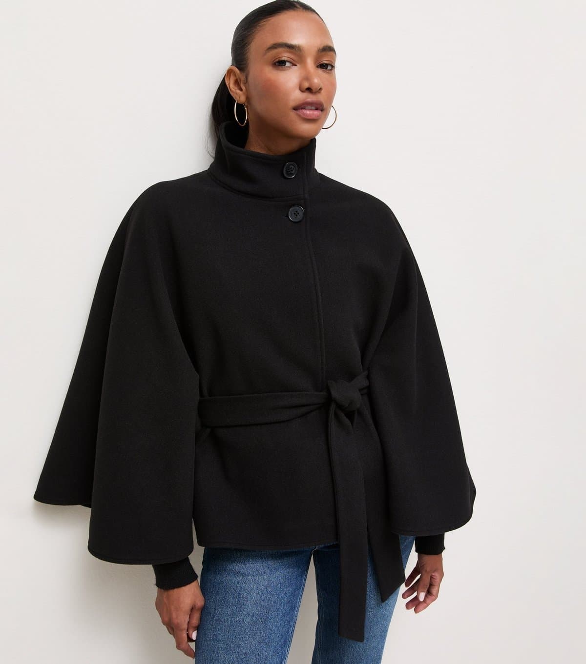 New Look Women's Black Button Front High Neck Cape Jacket New Look
