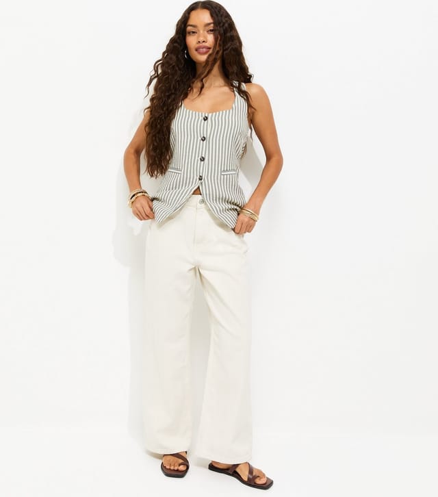 New Look Women's Petite Off White Wash High Waist Adalae Wide Leg Jeans New Look - 2