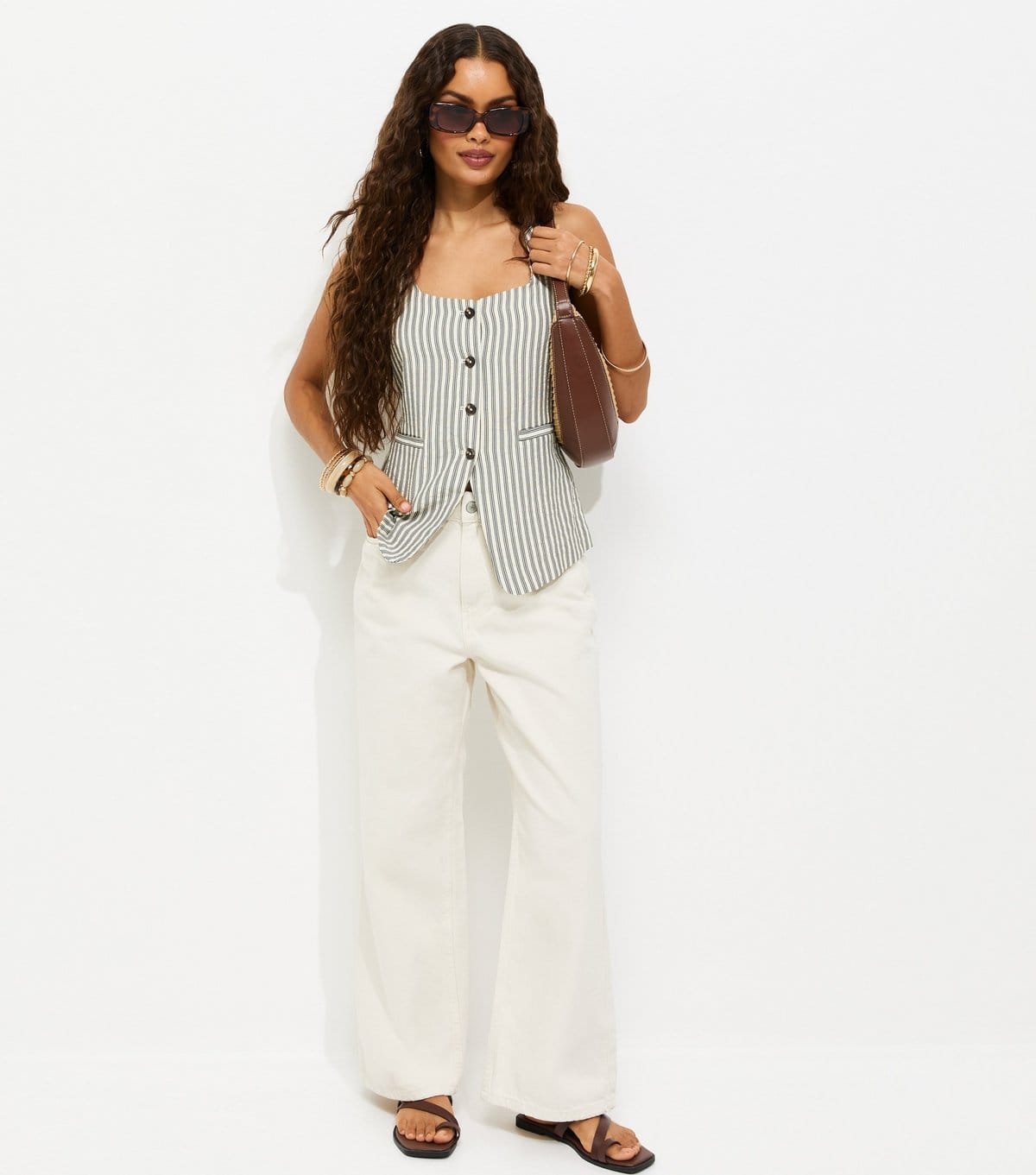 New Look Women's Petite Off White Wash High Waist Adalae Wide Leg Jeans New Look - 4