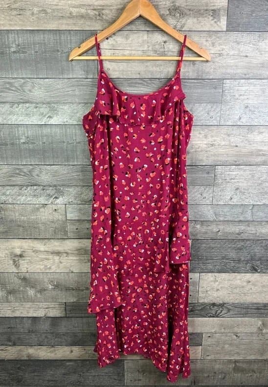 Oliver Bonas Oliver Bonas Midi Dress Size UK 12 Burgundy Animal Print Leopard Ruffle Strappy