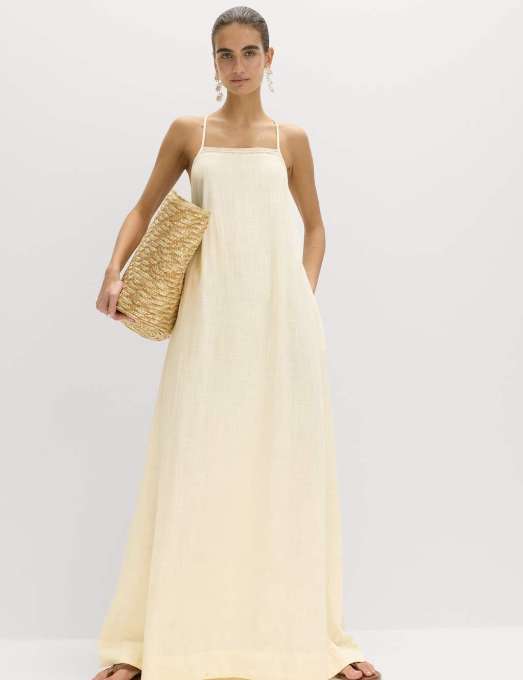 Marks & Spencer M&S Buttermilk Linen Maxi Shift Dress with Lace Insert