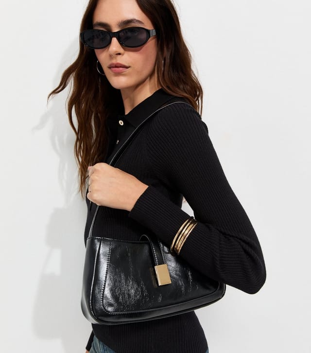 New Look Black Faux Leather Clip Detail Shoulder Bag Vegan New Look - 2