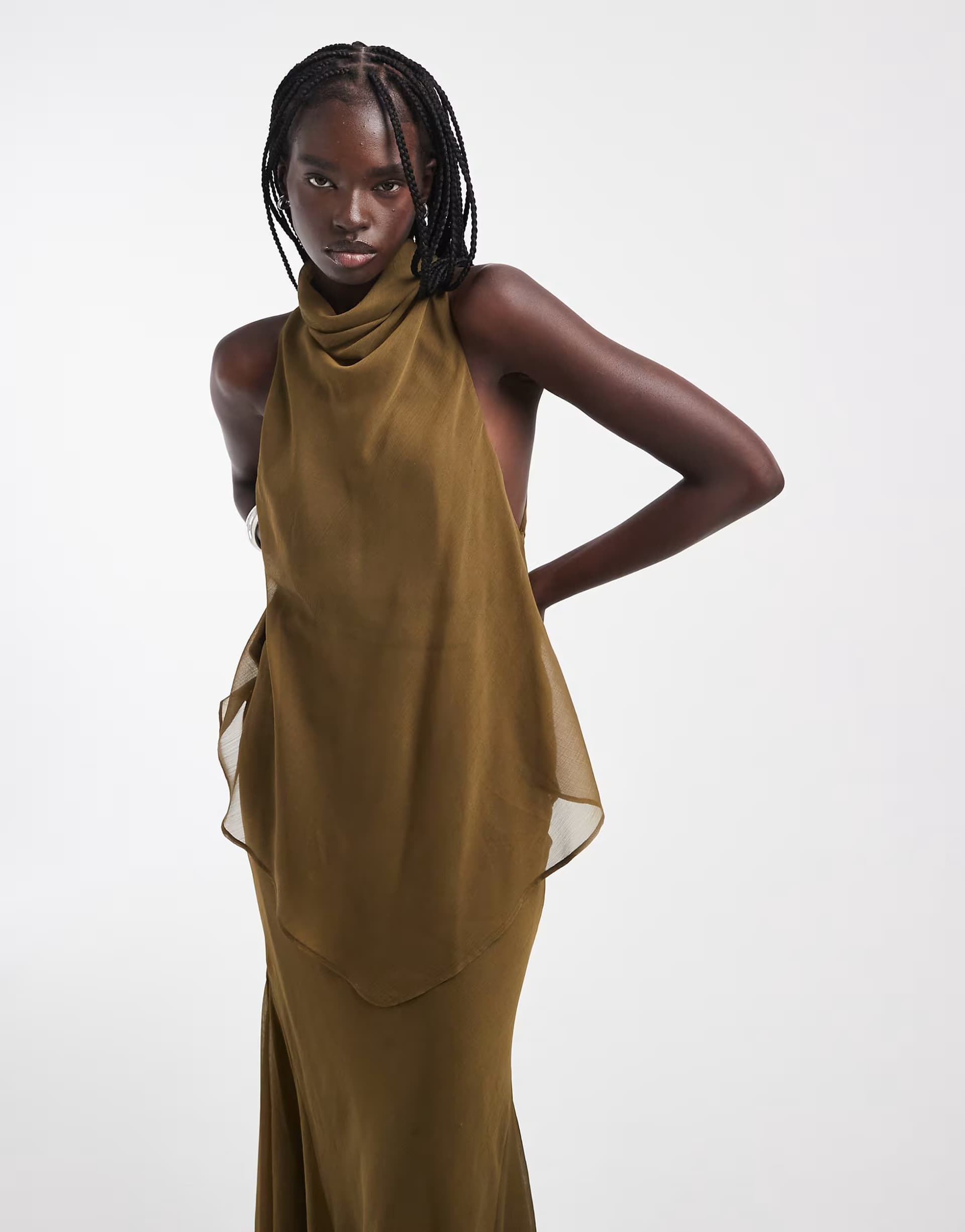 ASOS ASOS DESIGN chiffon high neck double layer maxi dress in olive green