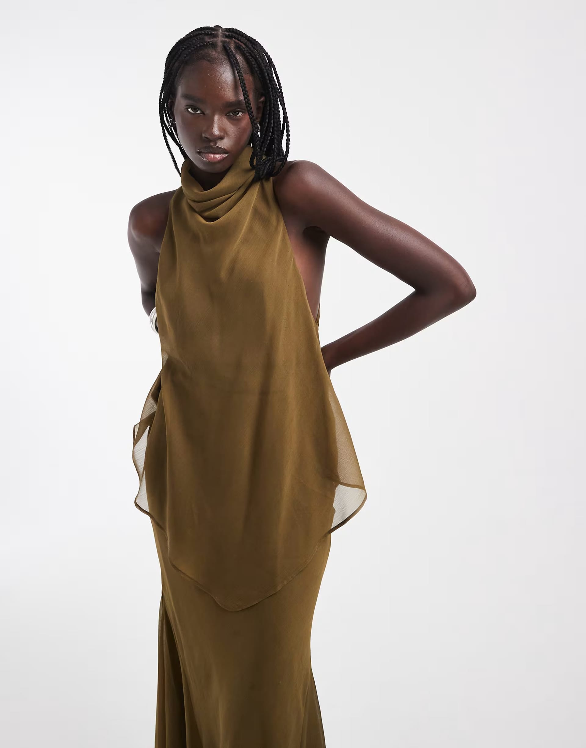 ASOS DESIGN chiffon high neck double layer maxi dress in olive green
