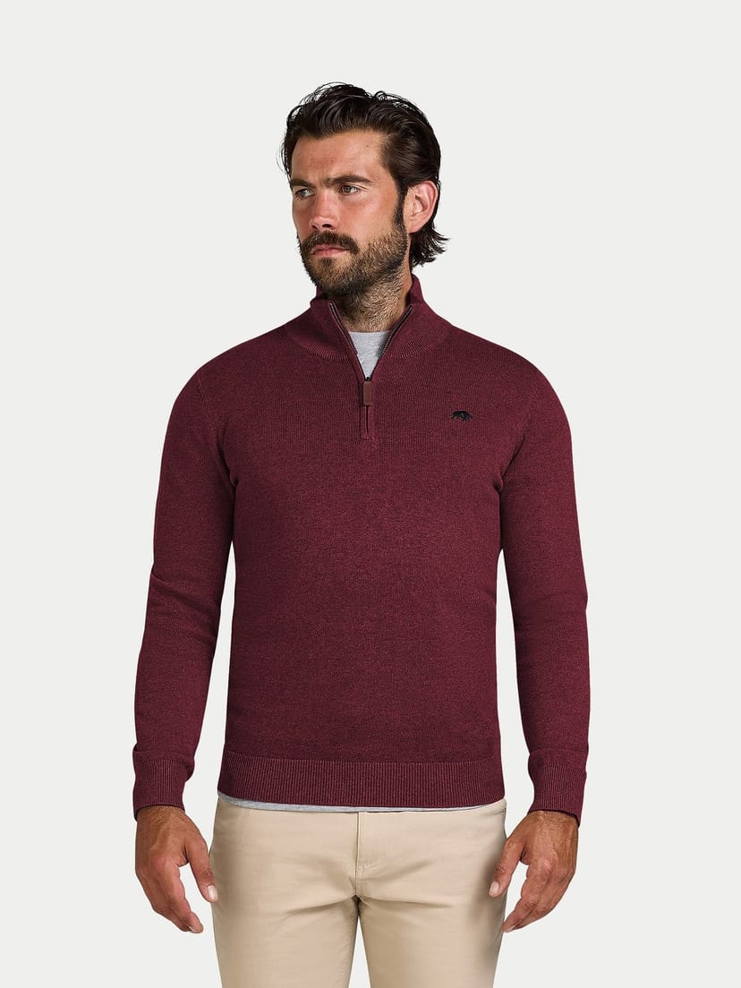 raging bull Raging Bull Men's Classic Quarter Zip Cotton/Cashmere Knit in Dark Red - 1