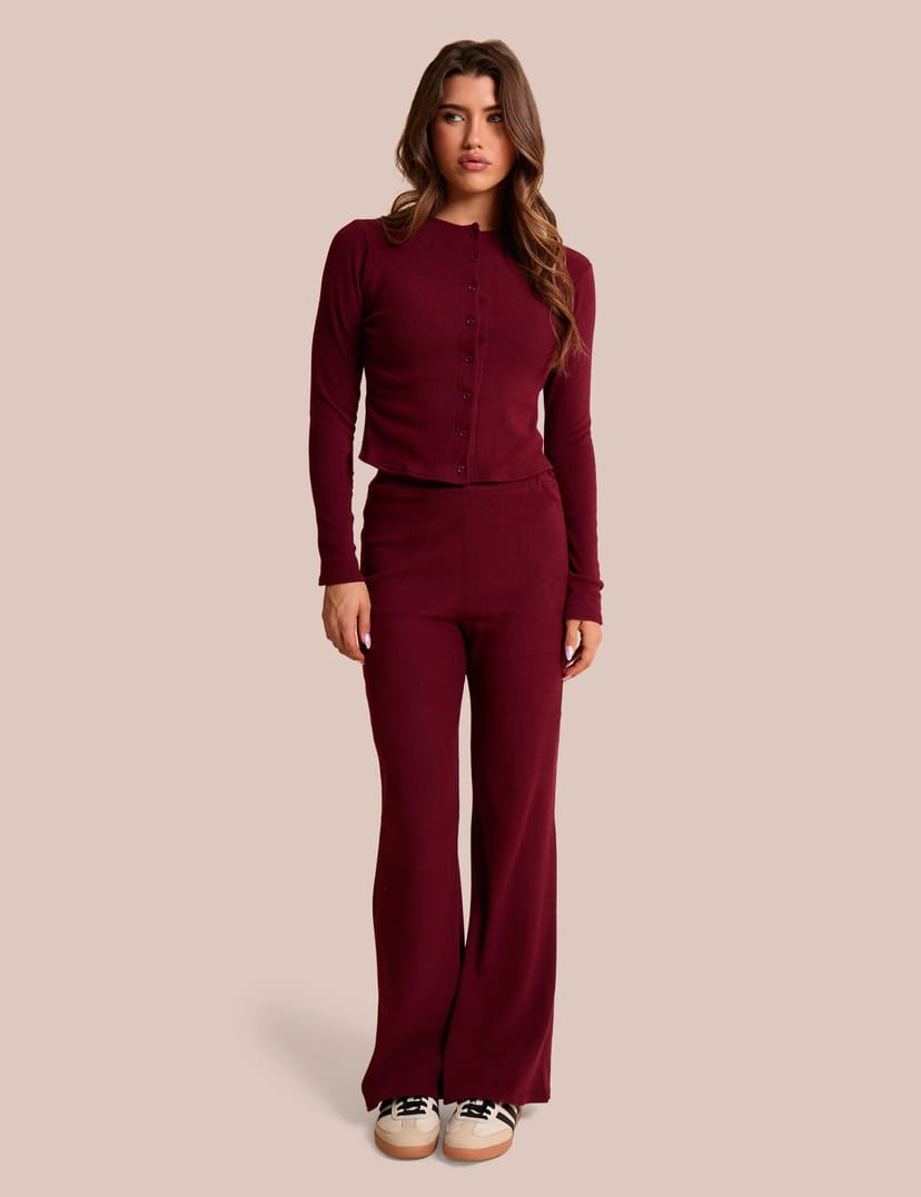 Public Desire High Waist Rib Wide Leg Trouser Burgundy - 1