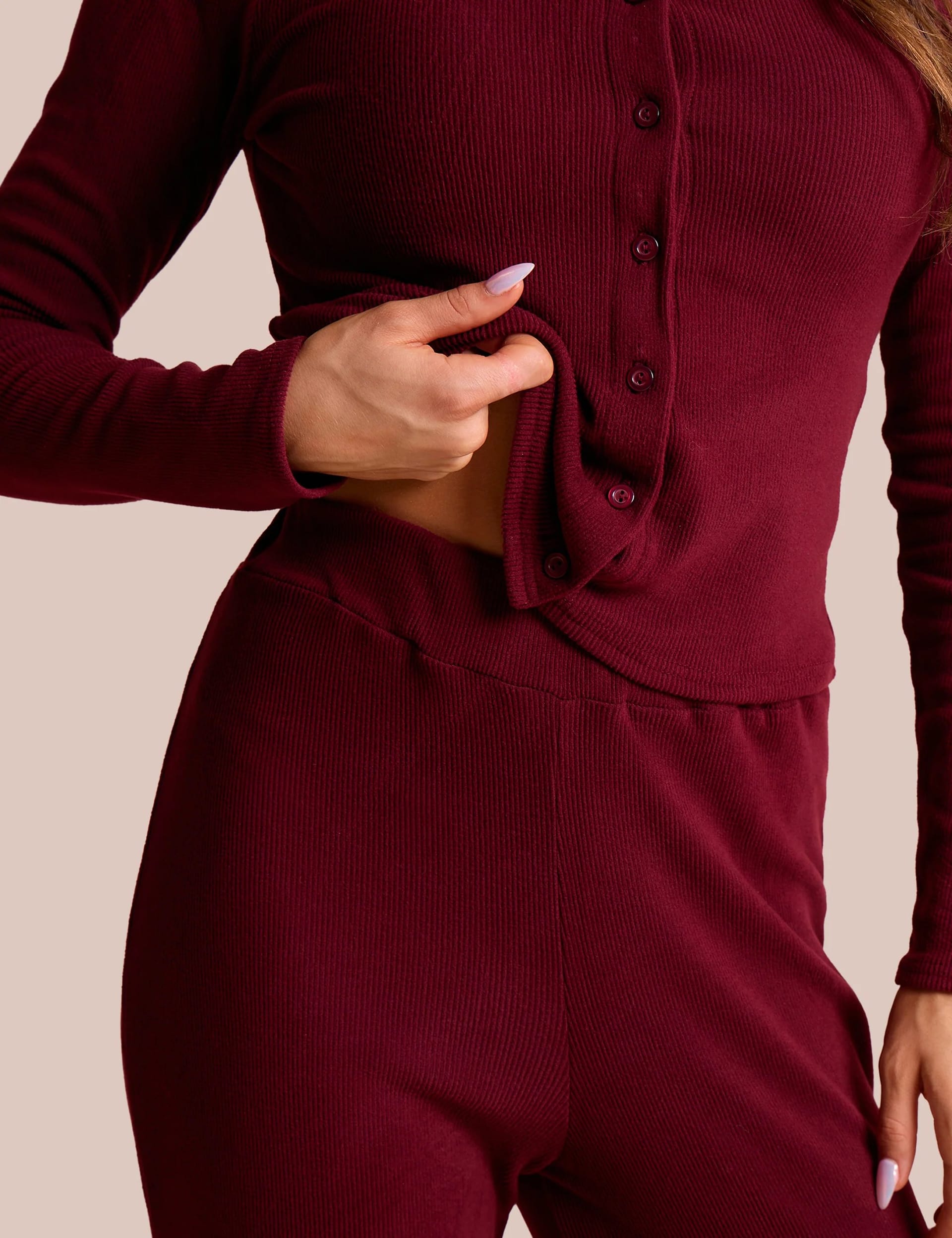 Public Desire High Waist Rib Wide Leg Trouser Burgundy - 4