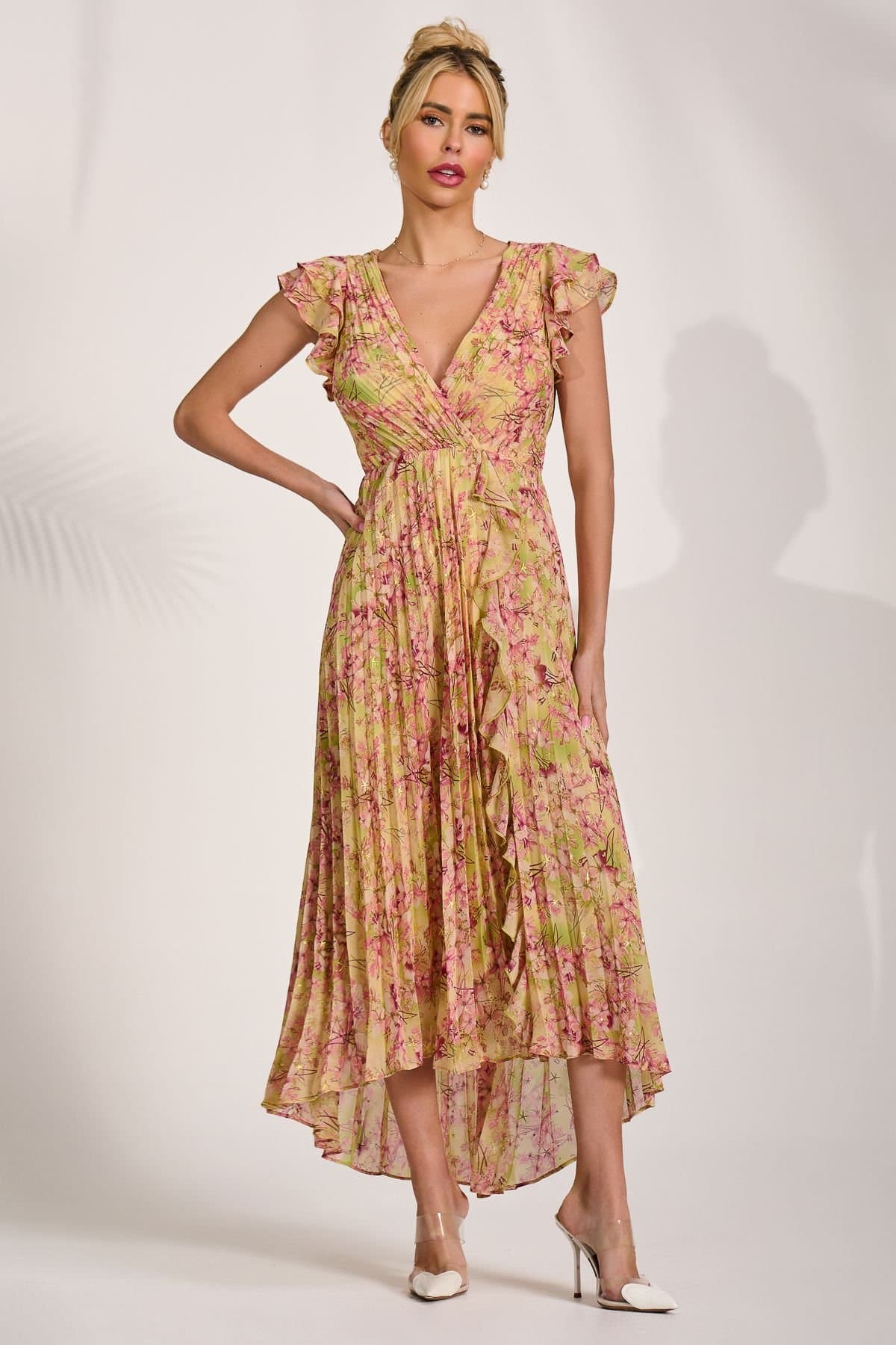 Jolie Moi Jolie Moi Women's Pleated Chiffon Dip Hem Maxi Dress