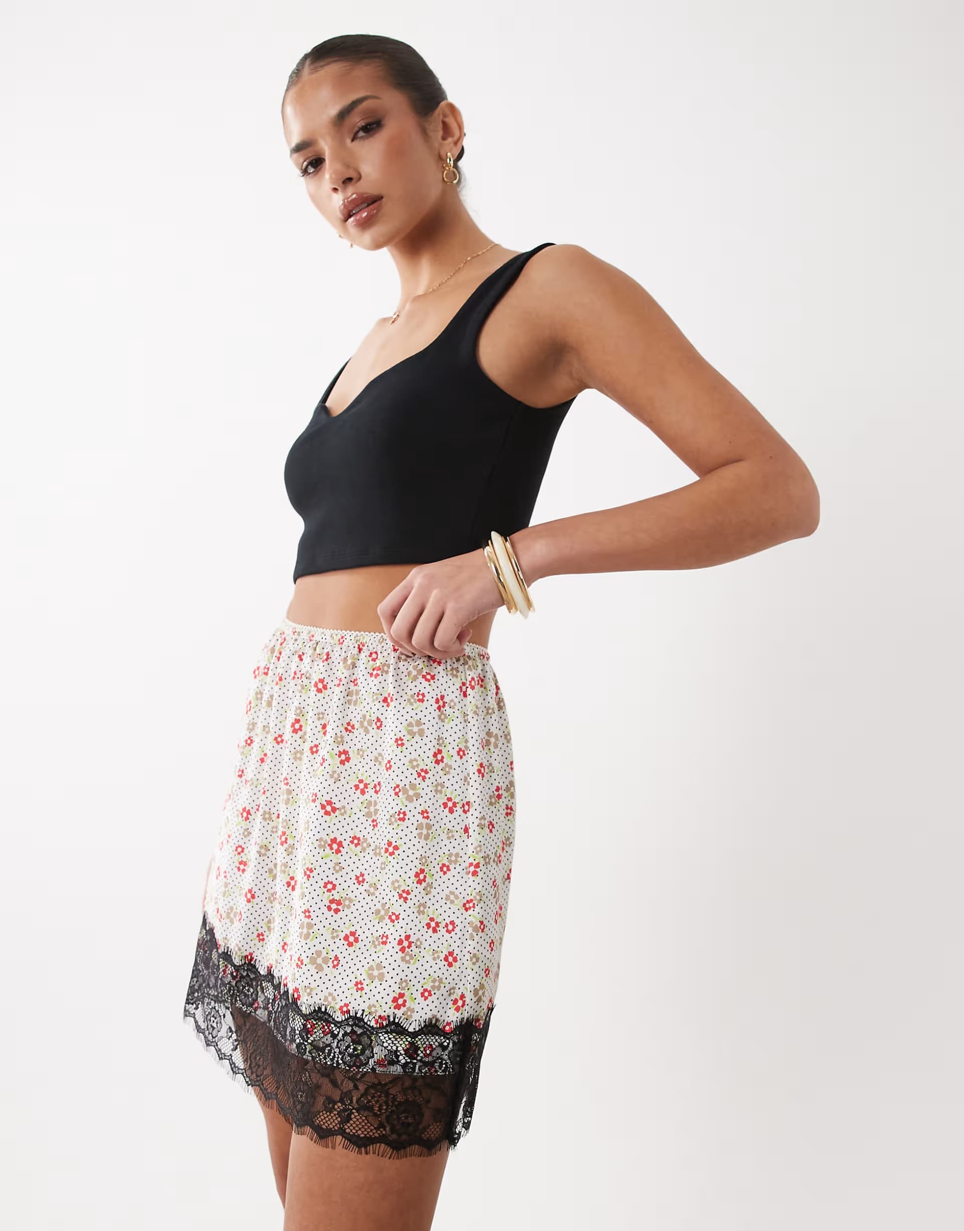 ASOS ASOS DESIGN lace trim satin mini skirt in white ditsy print