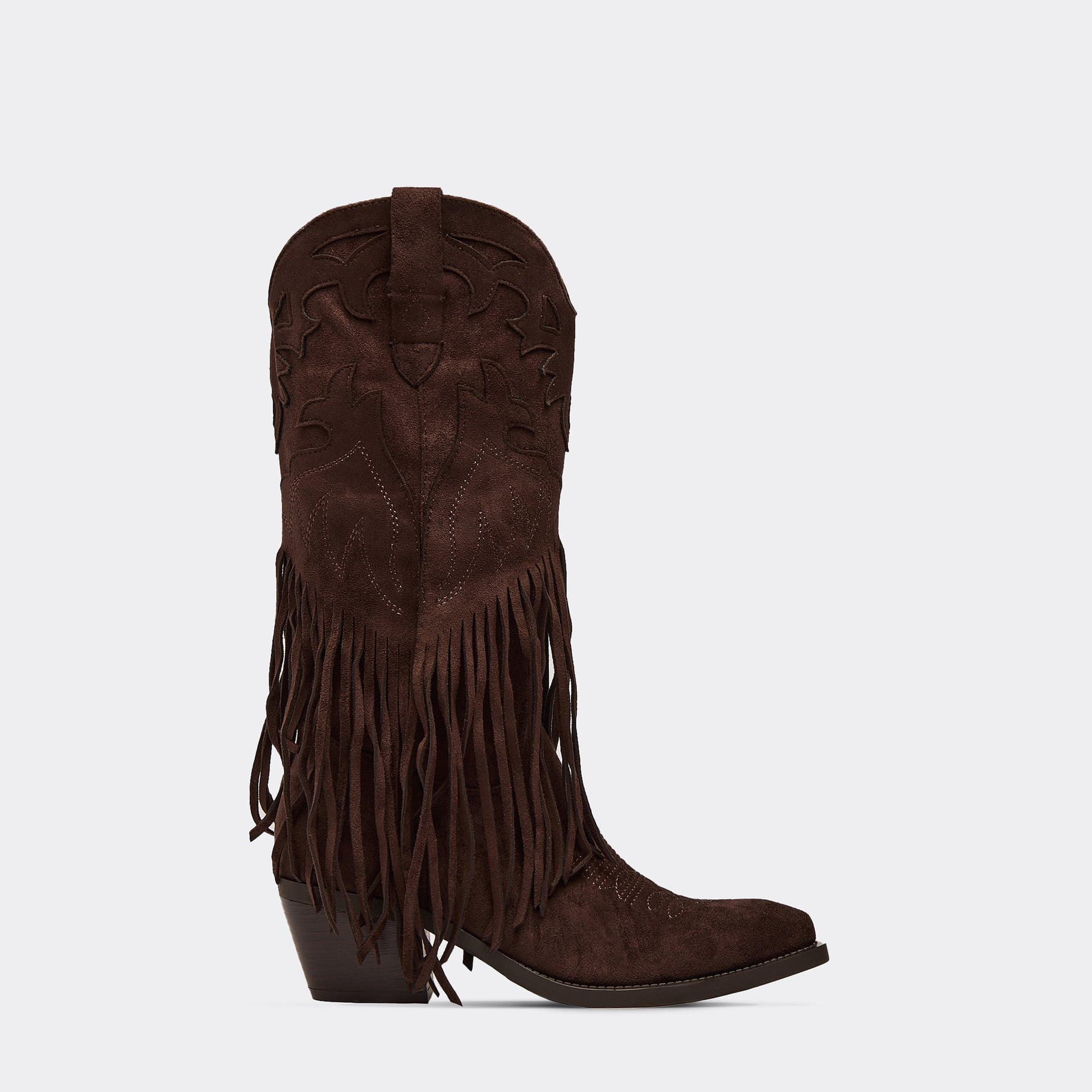 EGO Bambie Fringe Detail Mid Calf Western Cowboy Boot In Brown Faux Suede, Women's Size UK 3