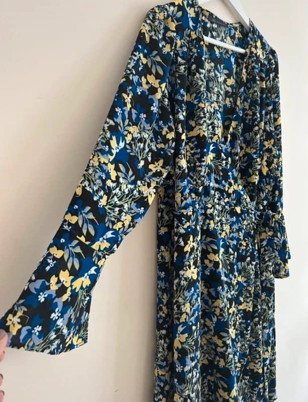 M&S Collection 🌼 M&S Floral Wrap Dress Blue Yellow Black Long Sleeve Tea Dress Size 14