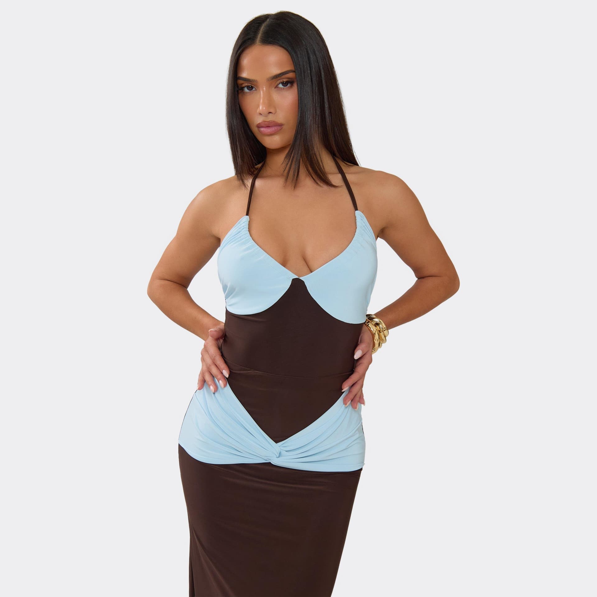 EGO Halterneck Contrast Bust Bodysuit In Brown, Women's Size UK 6