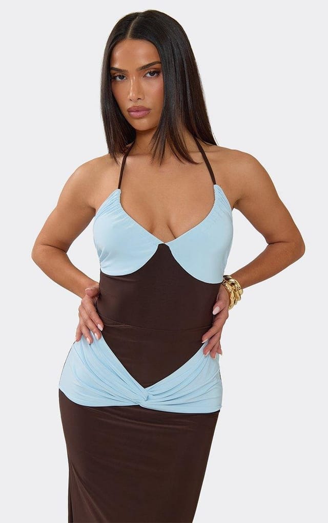 EGO Halterneck Contrast Bust Bodysuit In Brown, Women's Size UK 6 - 2