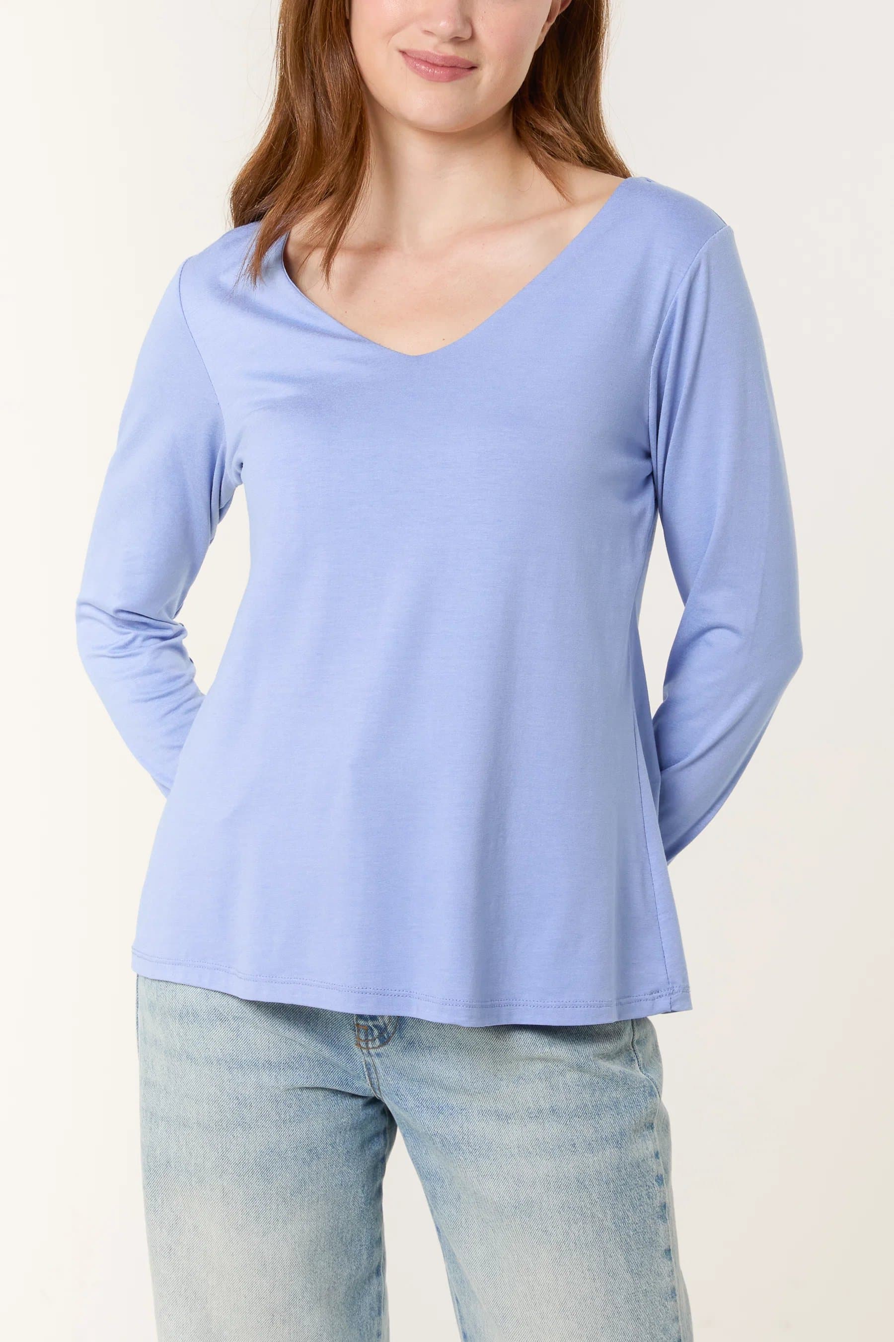 Blue Vanilla Basic V Neck Long Sleeve Blouse