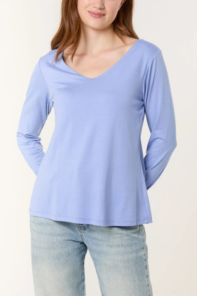 Blue Vanilla Basic V Neck Long Sleeve Blouse - 1
