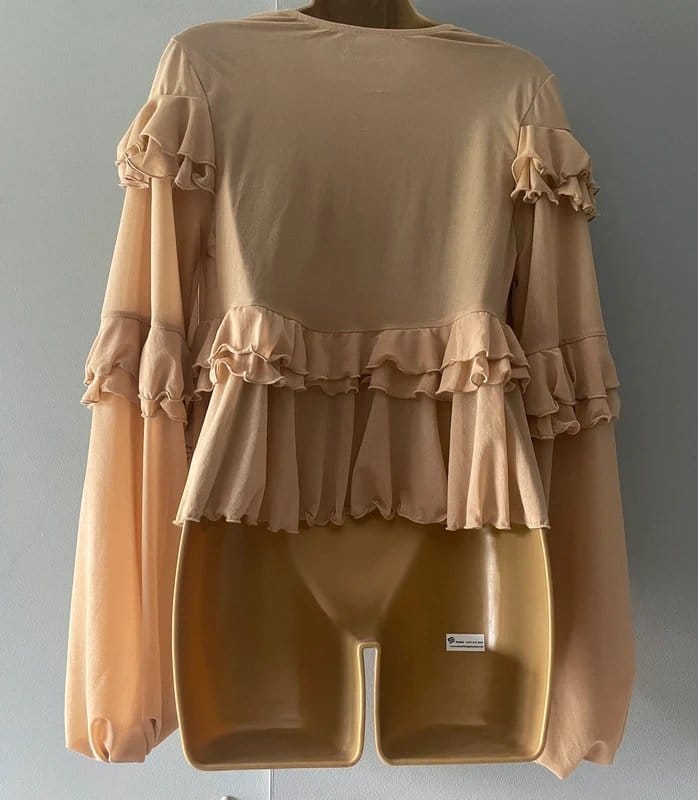 Asos Design Beige Mesh Blouse With Ruffle Detail