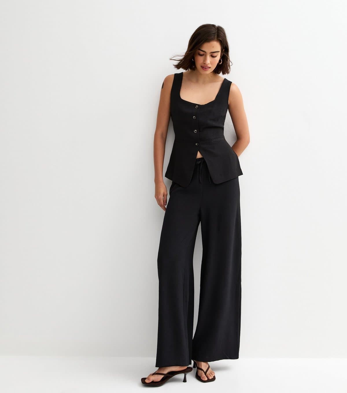 New Look Women's Black Drawstring Waist Wide Leg Trousers New Look