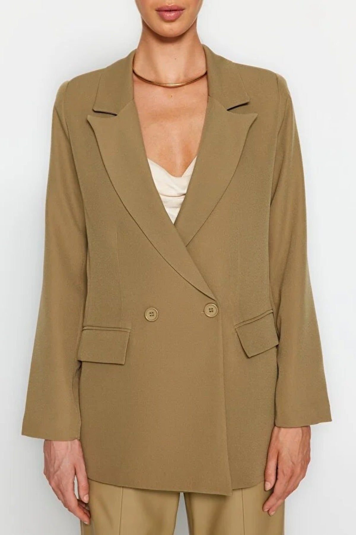 WOVCOR WOVCOR Women's Double-Breasted Tailored Woven Blazer Jacket in Khaki - 2