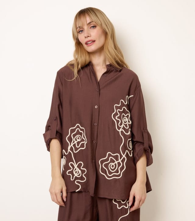 Blue Vanilla Women's Dark Brown Floral Embroidered Shirt Blue Vanilla New Look - 3