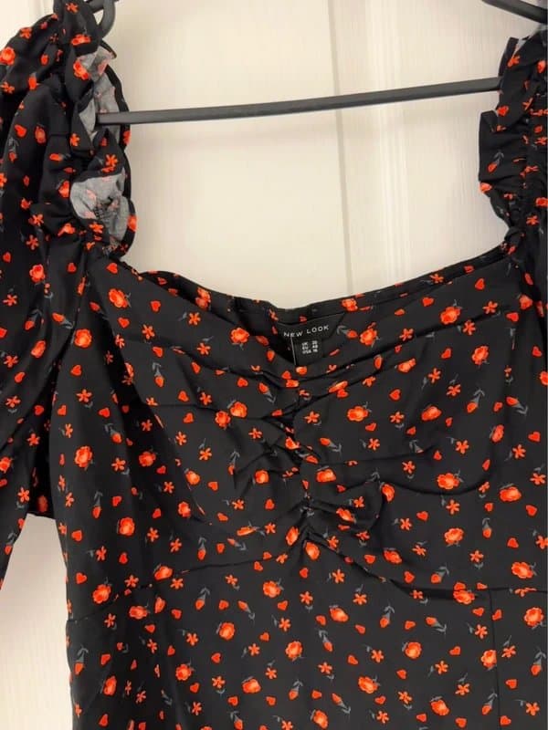 New Look New Look Black Floral Mini Dress UK 20 Red Ditsy Sweetheart Neck