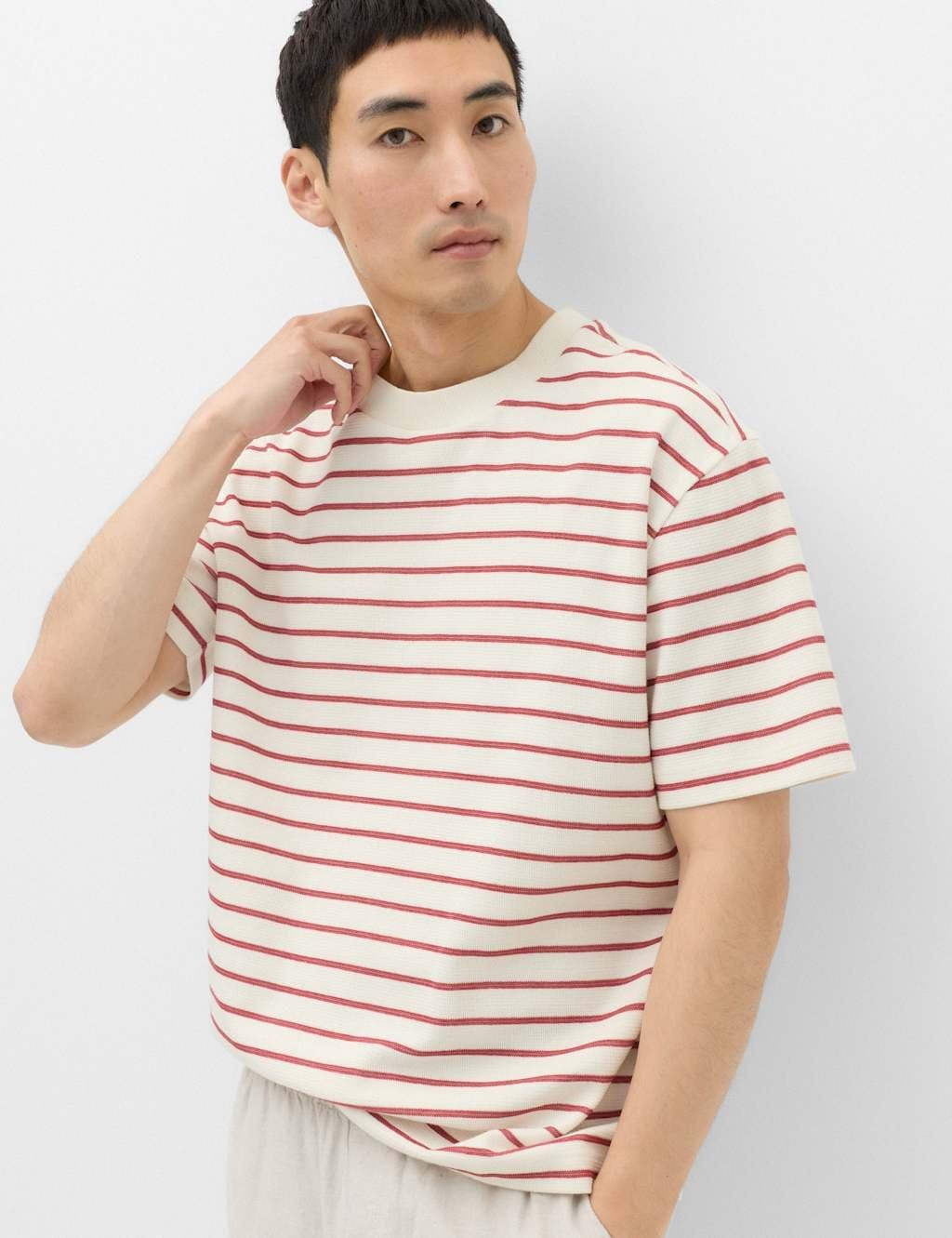 Marks & Spencer M&S Cotton Rich Textured Breton T-Shirt Medium Red - 1