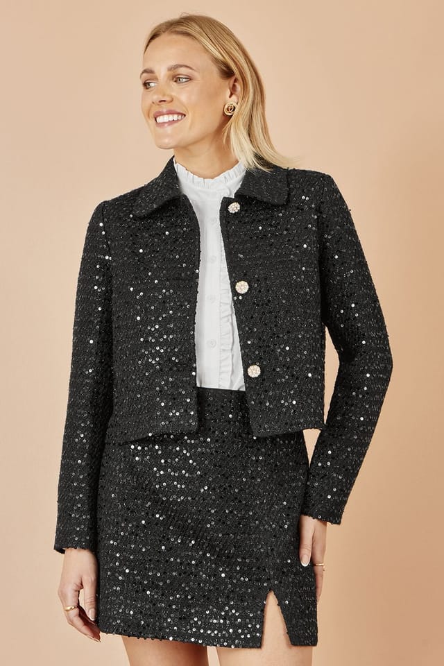 Yumi Yumi Women's Black Boucle Sequin Jacket With Pearl Buttons - 2