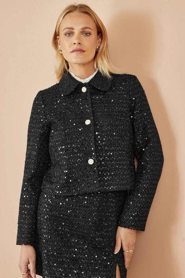 Yumi Yumi Women's Black Boucle Sequin Jacket With Pearl Buttons - 3