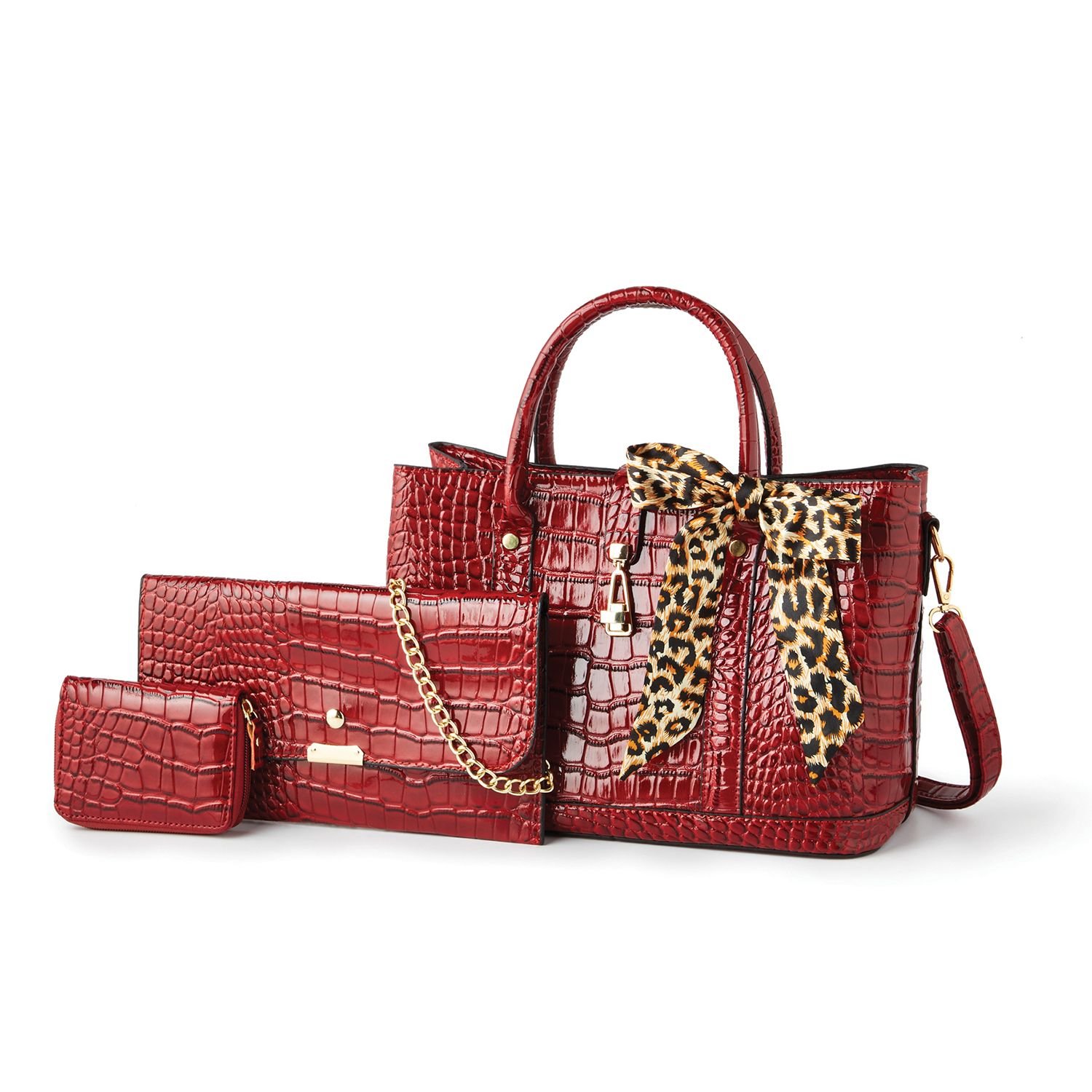 Amelie Di Santi Amelie Di Santi Women's Croc Effect Handbag Collection with Tote, Clutch, Purse & Scarf in Burgundy - 3
