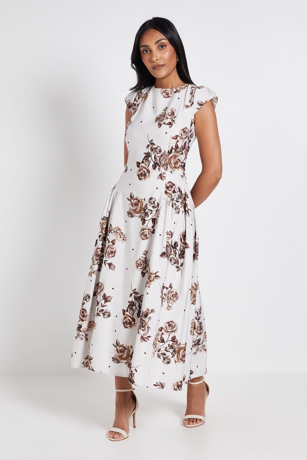 Wallis Wallis Women's Petite Printed Ottoman Twill Cap Sleeve Midi Dress in Chocolate