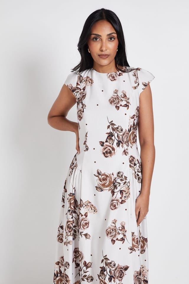 Wallis Wallis Women's Petite Printed Ottoman Twill Cap Sleeve Midi Dress in Chocolate - 2