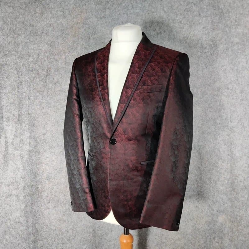 Next Next Tuxedo Jacket Size 38S Slim Red Floral Satin Party Smoking Peak Burgundy