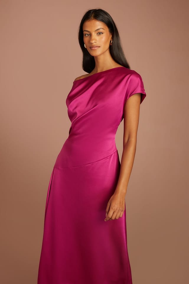 Coast Coast Women's Petite Off-The Shoulder Asymmetric Hem Satin Midi Dress in Berry - 2