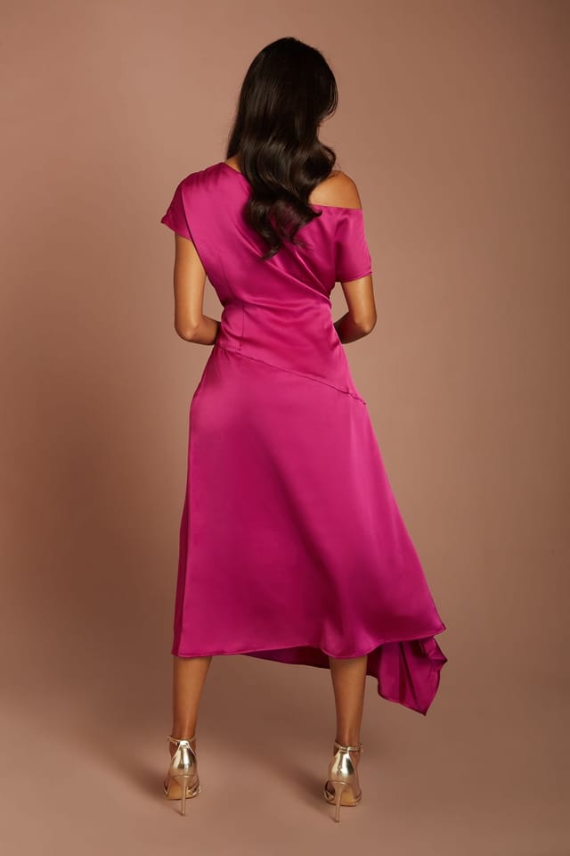 Coast Coast Women's Petite Off-The Shoulder Asymmetric Hem Satin Midi Dress in Berry - 3