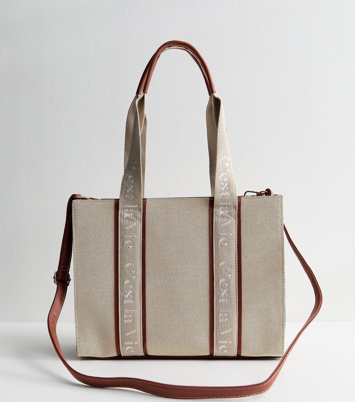 New Look Stone Canvas Logo Strap Boxy Tote Bag New Look - 1