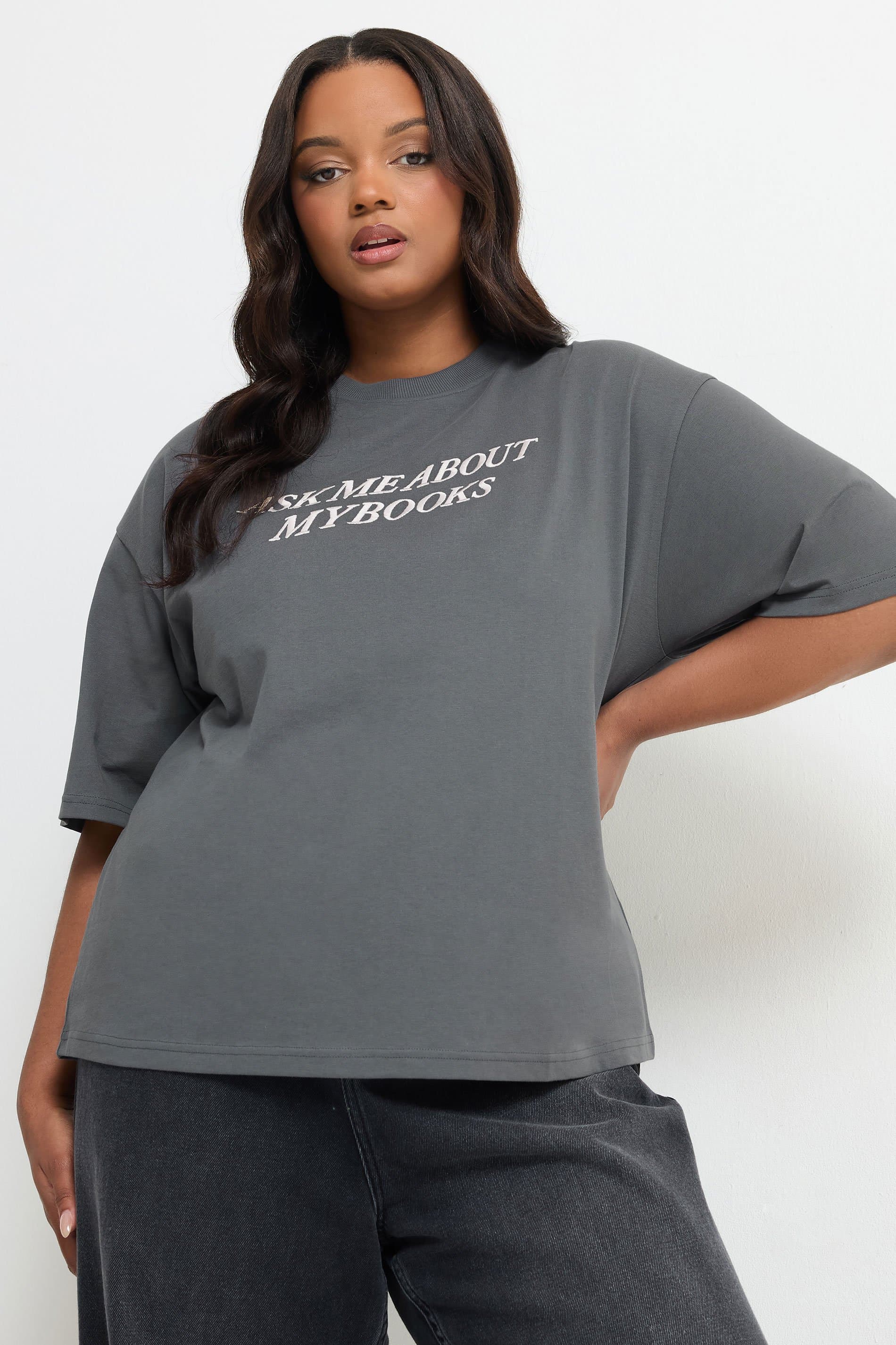 Limited Collection Plus Size Grey Embroidered Books Slogan Tshirt