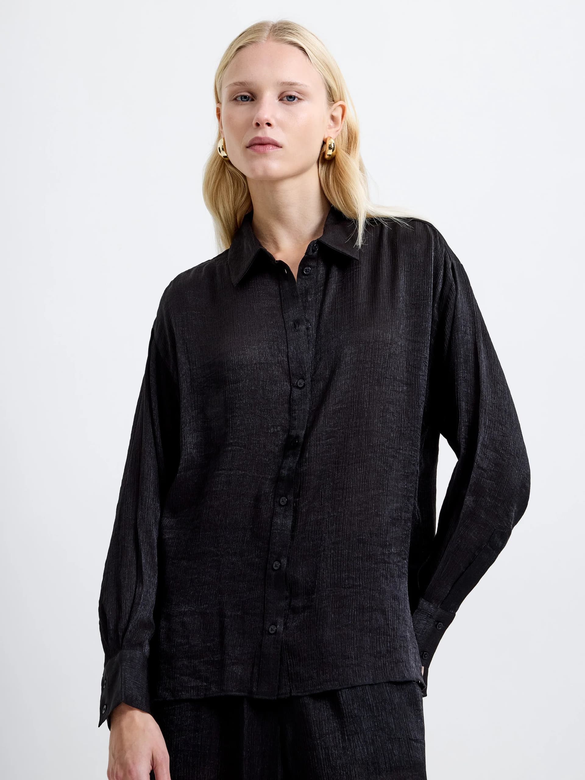 French Connection Terry Crinkle Button Down Shirt Black