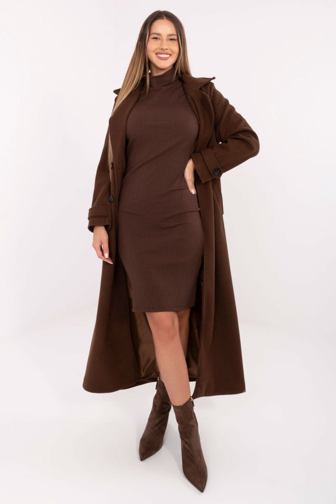 Love Lace Love Lace Women's Ribbed Cotton Turtleneck Pencil Dress in Brown