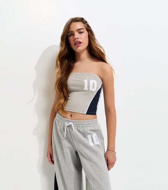New Look Girls' Grey Cotton Rich 10 Print Contrast Panel Bandeau Top New Look - 2