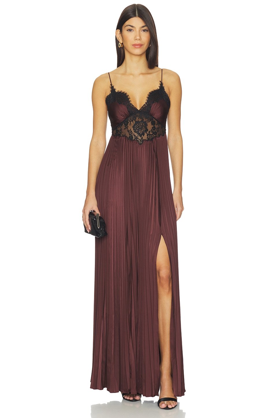 revolve Brown Satin Lace Insert Maxi Dress - 1