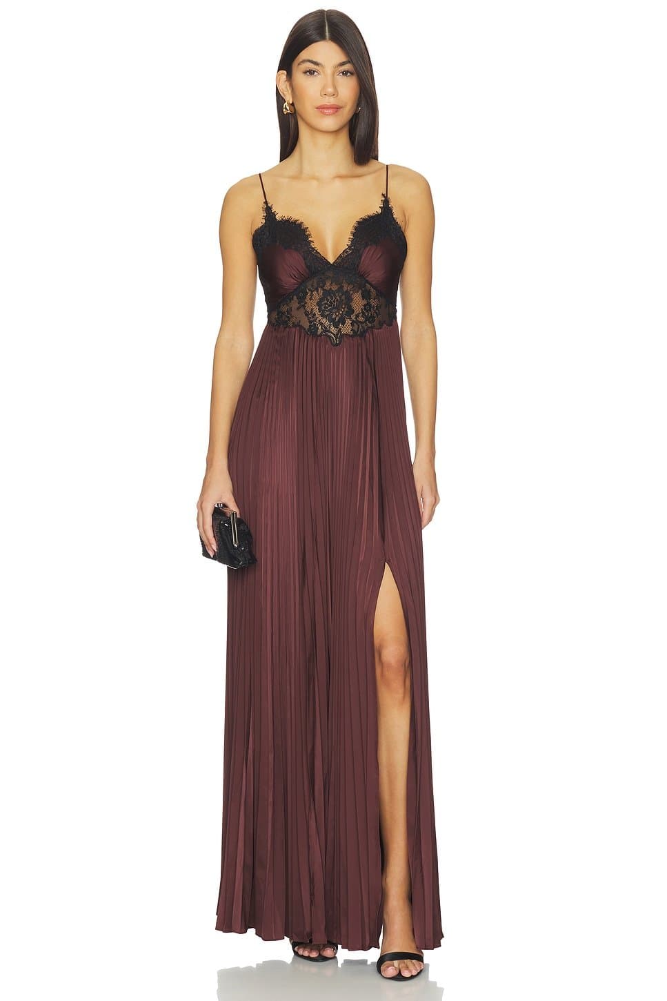 revolve Brown Satin Lace Insert Maxi Dress