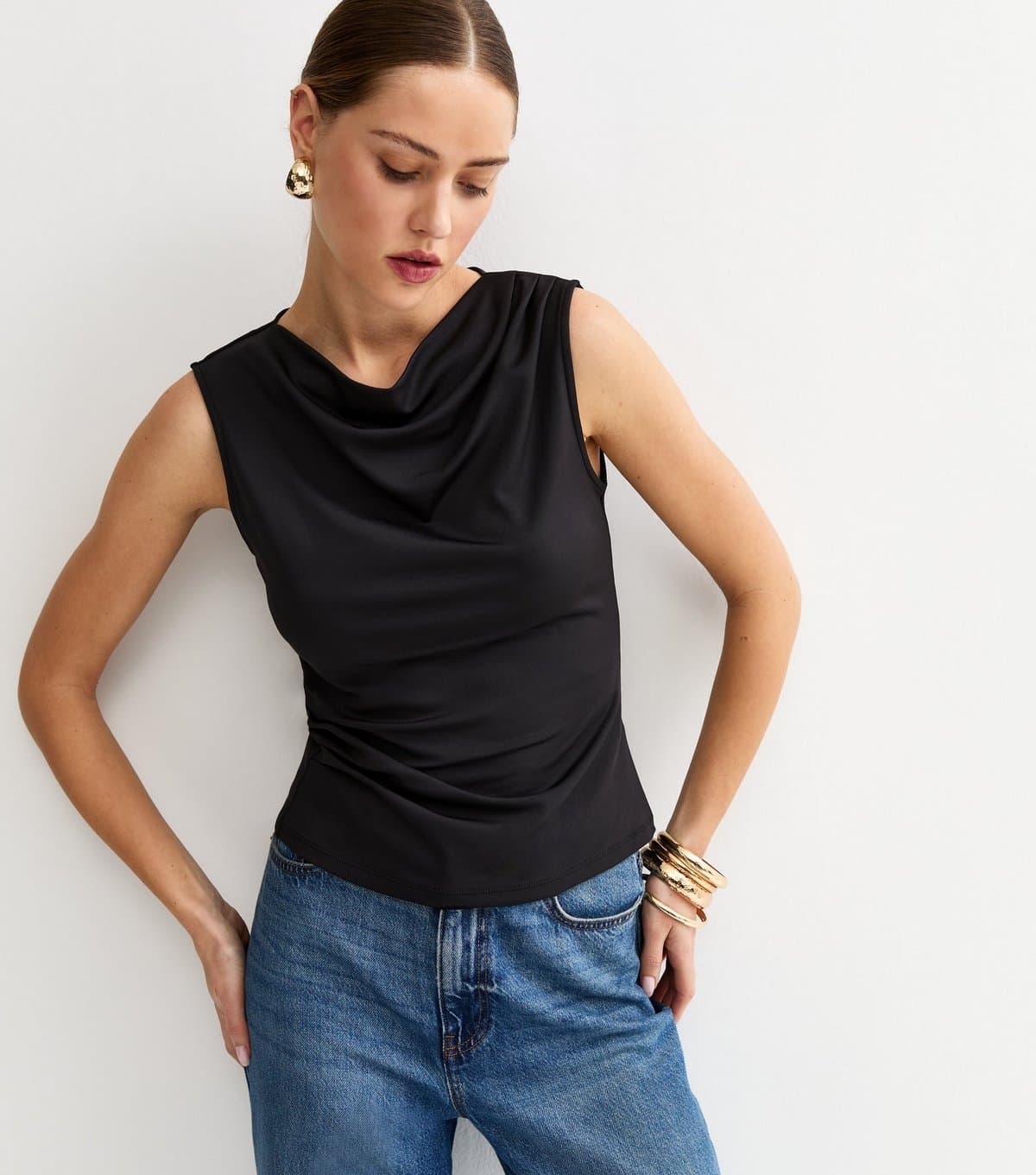 New Look New Look Black Slinky Jersey Draped Sleeveless Top