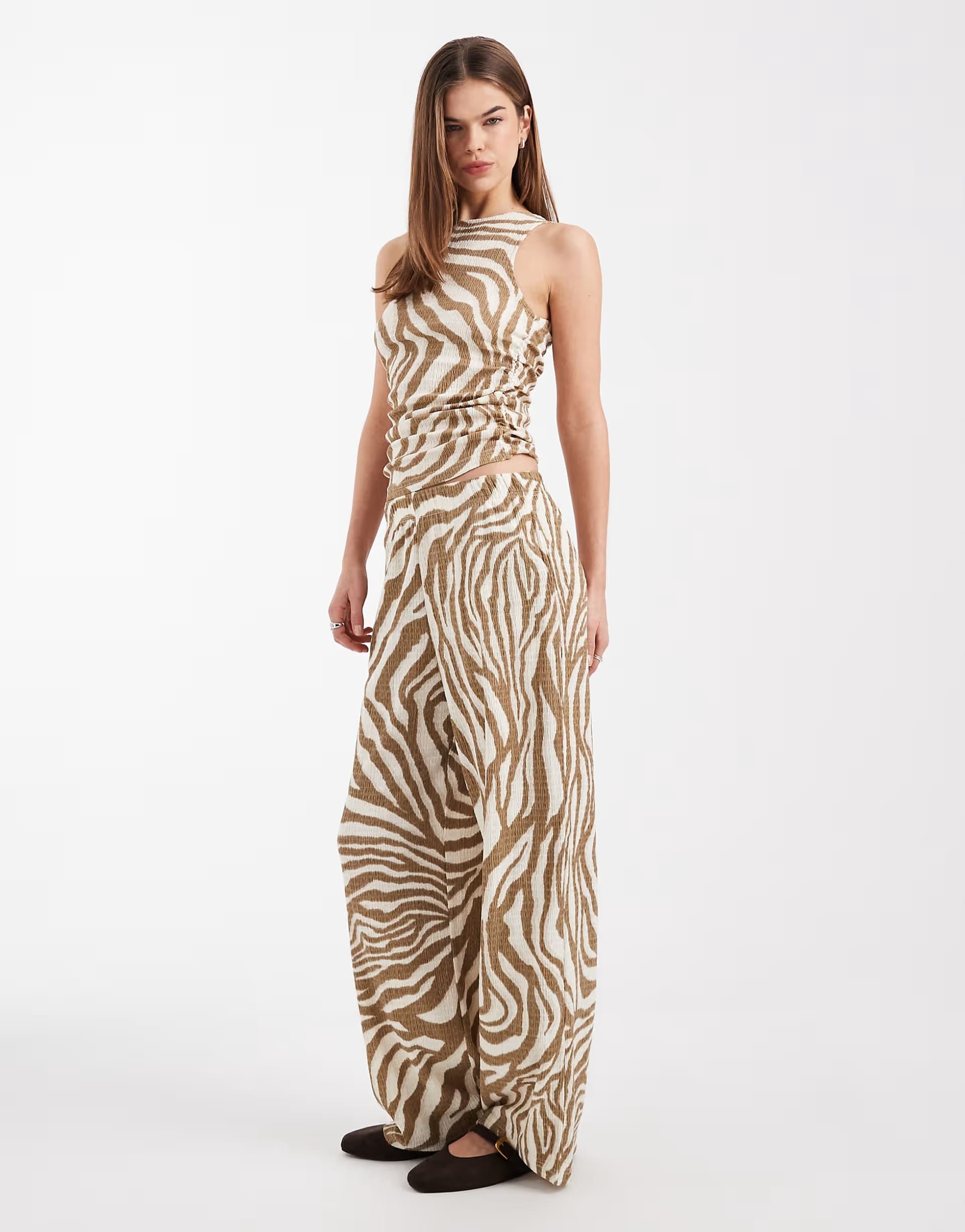 ASOS Vero Moda sleeveless ruched jersey top and textured trouser co-ord in birch abstract print