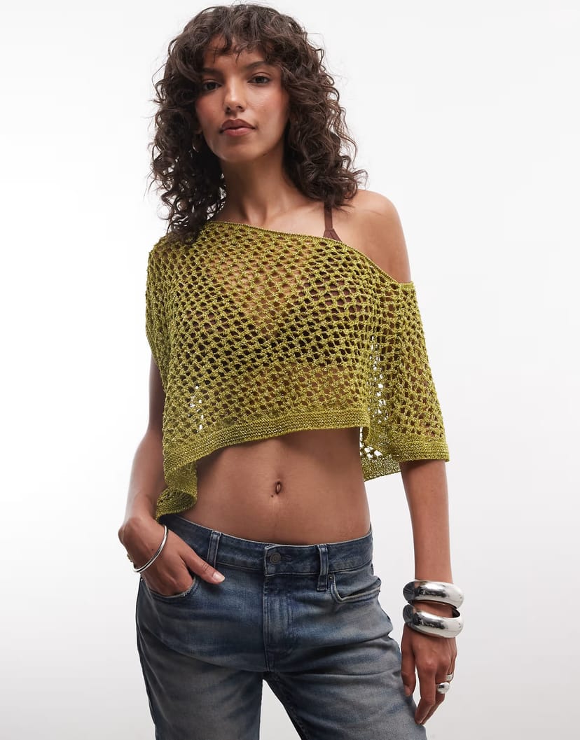 ASOS Reclaimed Vintage crochet knit metallic poncho in olive - 1