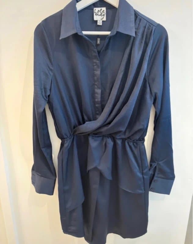 Lola May Lola May Navy Blue Wrap Front Shirt Dress Size 8 Long Sleeve Collared Mini Dress