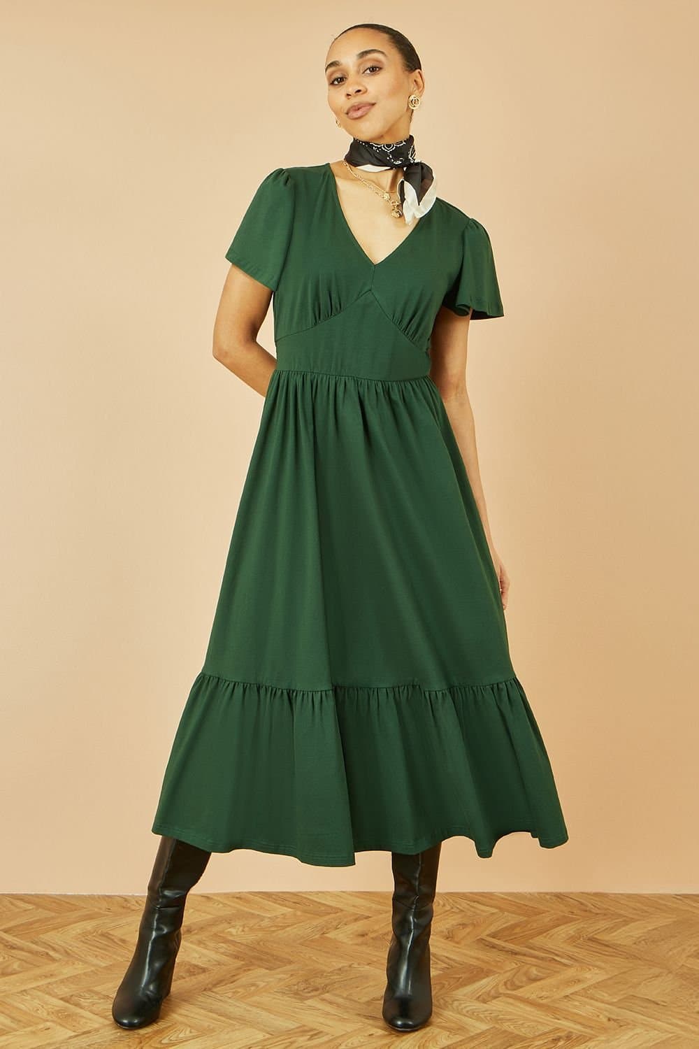 Yumi Yumi Women's Green Cotton Jersey V Neck Midi Dress