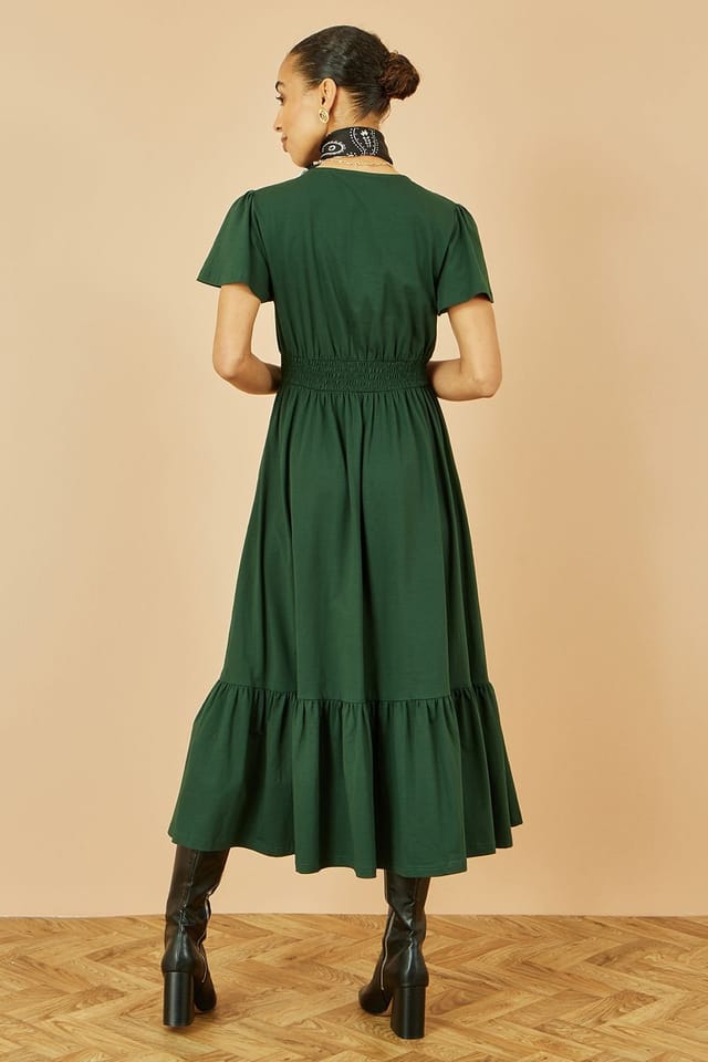 Yumi Yumi Women's Green Cotton Jersey V Neck Midi Dress - 3