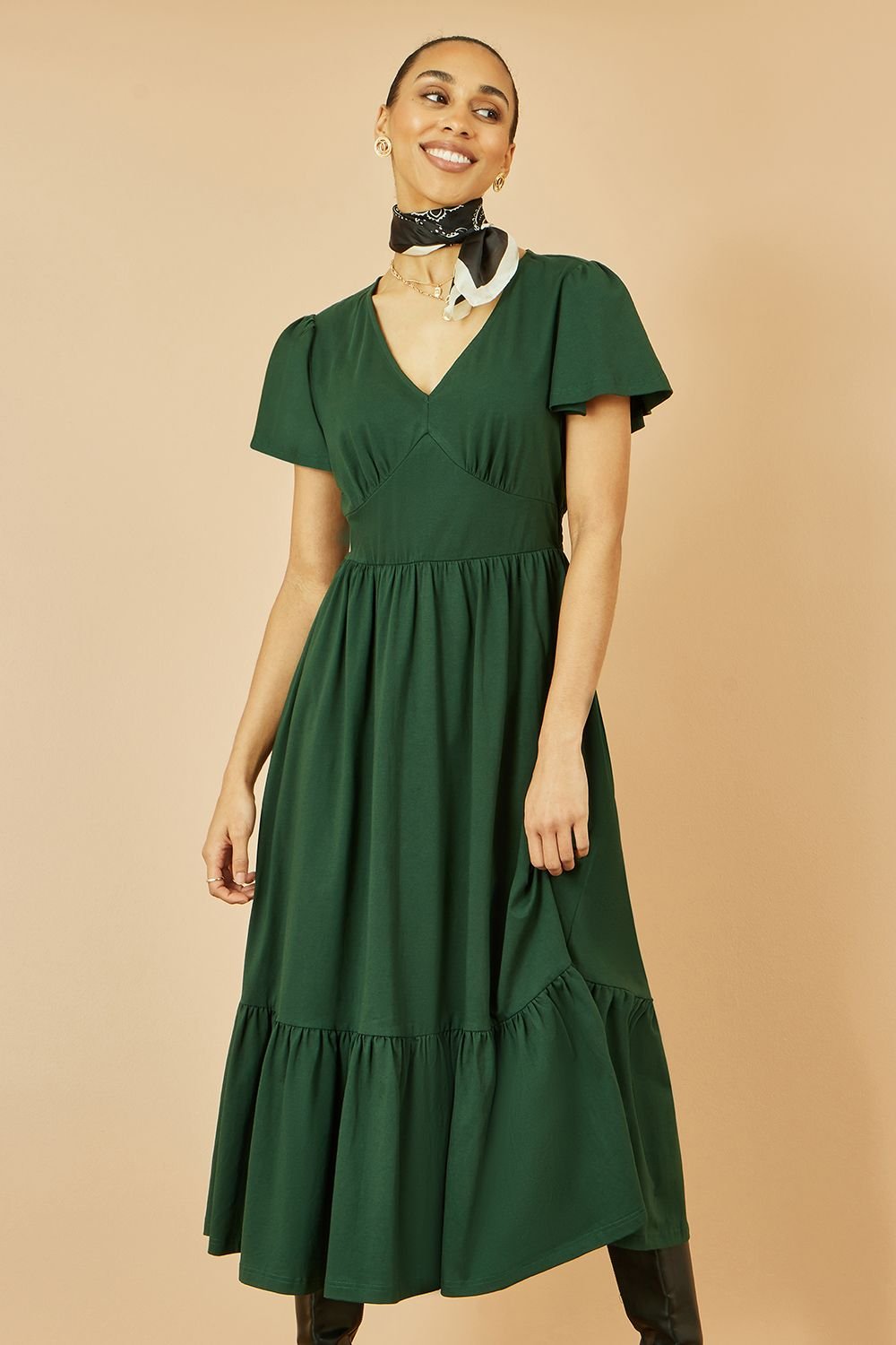 Yumi Yumi Women's Green Cotton Jersey V Neck Midi Dress - 4