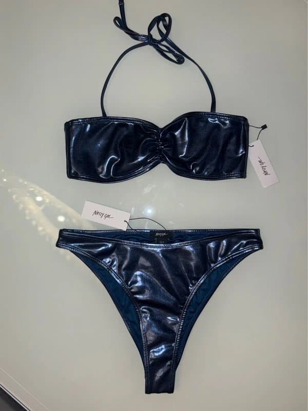 Nasty Gal NEW midnight blue metallic faux leather navy shimmer shiny halter neck bikini set 10 UK mirror