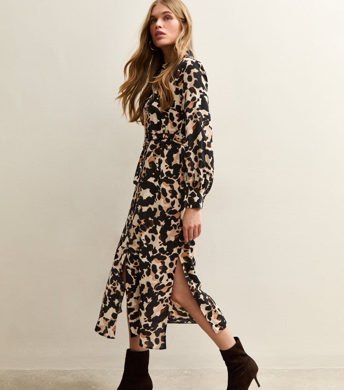 New Look Cream Animal Print Buckle Midi Dress
